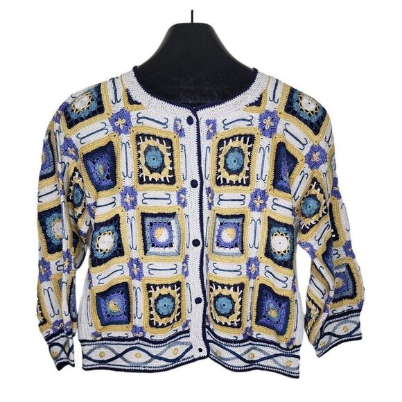 Vintage 80s Peruvian Connection Granny Square Patchwork Cardigan Sweater Womens - Picture 1 of 4